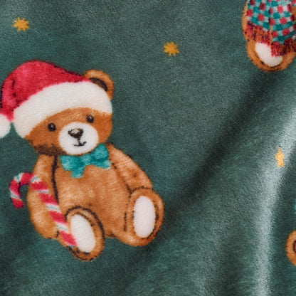 Catherine Lansfield Christmas Tartan Teddy Bear Fleece Cosy Blanket Throw Green - 130x170cm