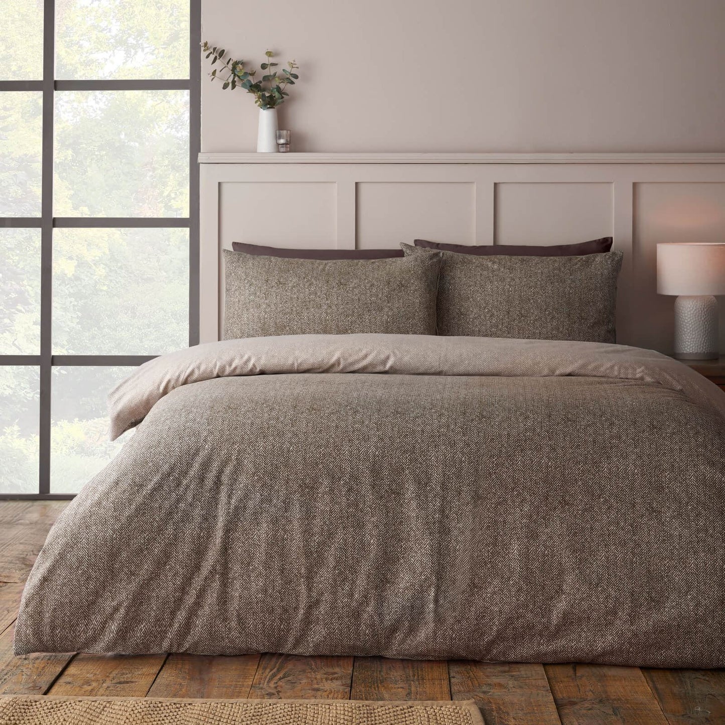 Catherine Lansfield Brushed Herringbone Printed Cotton Bedding Duvet Cover Set Chocolate