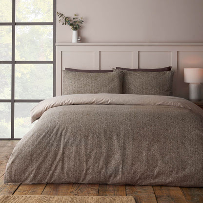 Catherine Lansfield Brushed Herringbone Printed Cotton Bedding Duvet Cover Set Chocolate