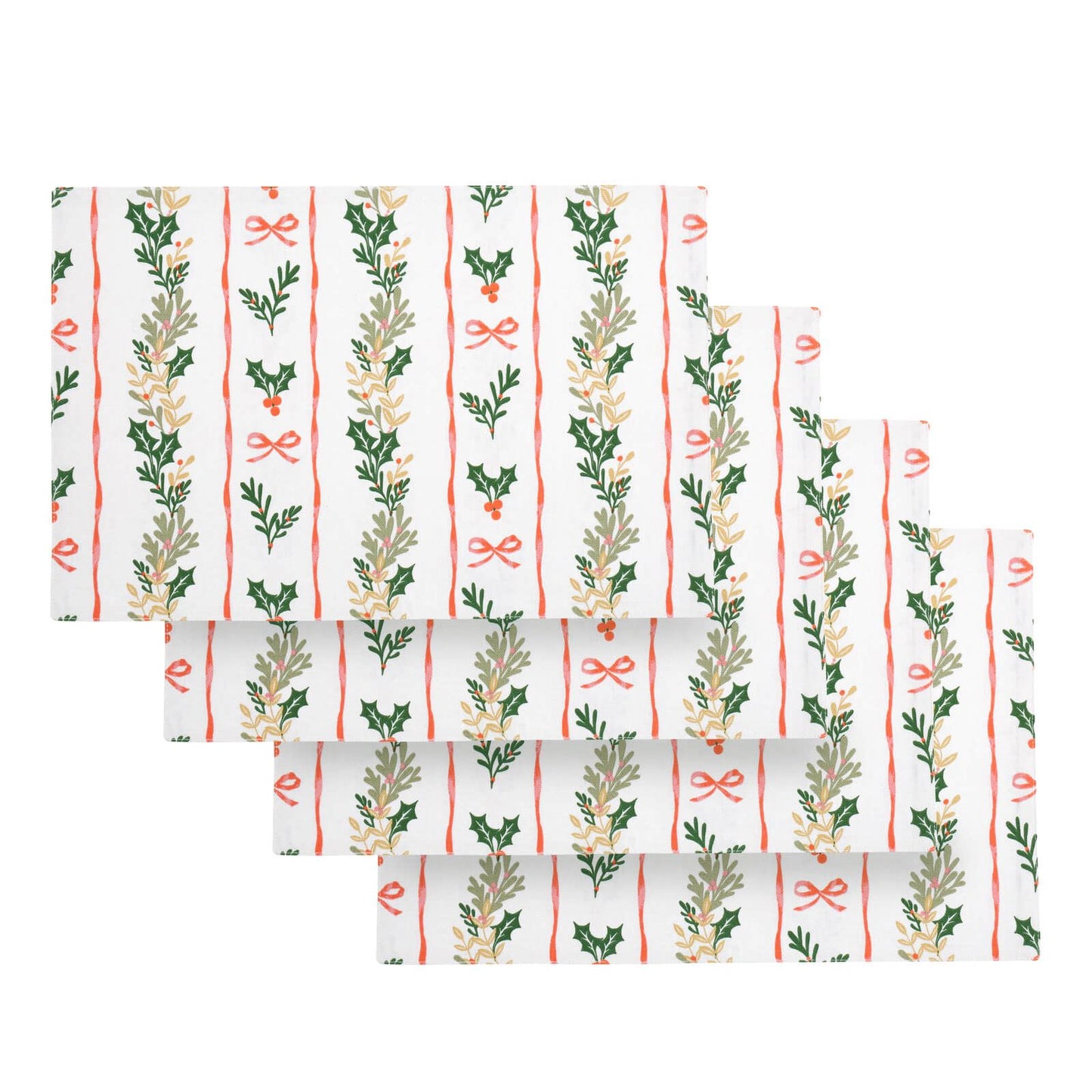 Catherine Lansfield Christmas Holly Stripe Cotton Dining Placemat 4 Pack Cream / Red - 30x46cm
