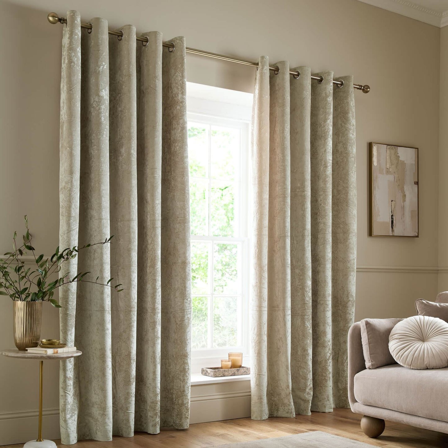 Catherine Lansfield Crushed Velvet Lined Eyelet Curtains Two Panels Natural