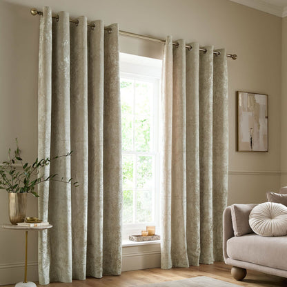 Catherine Lansfield Crushed Velvet Lined Eyelet Curtains Two Panels Natural