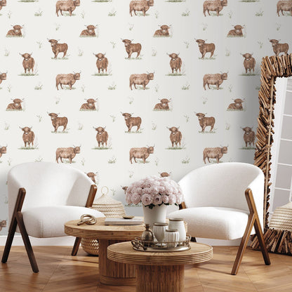 Catherine Lansfield Angus Highland Cow Natural Wallpaper - 105x53cm