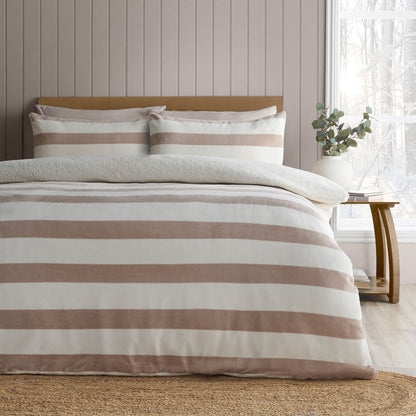 Catherine Lansfield Cosy Sherpa Striped Bedding Duvet Cover Set Natural