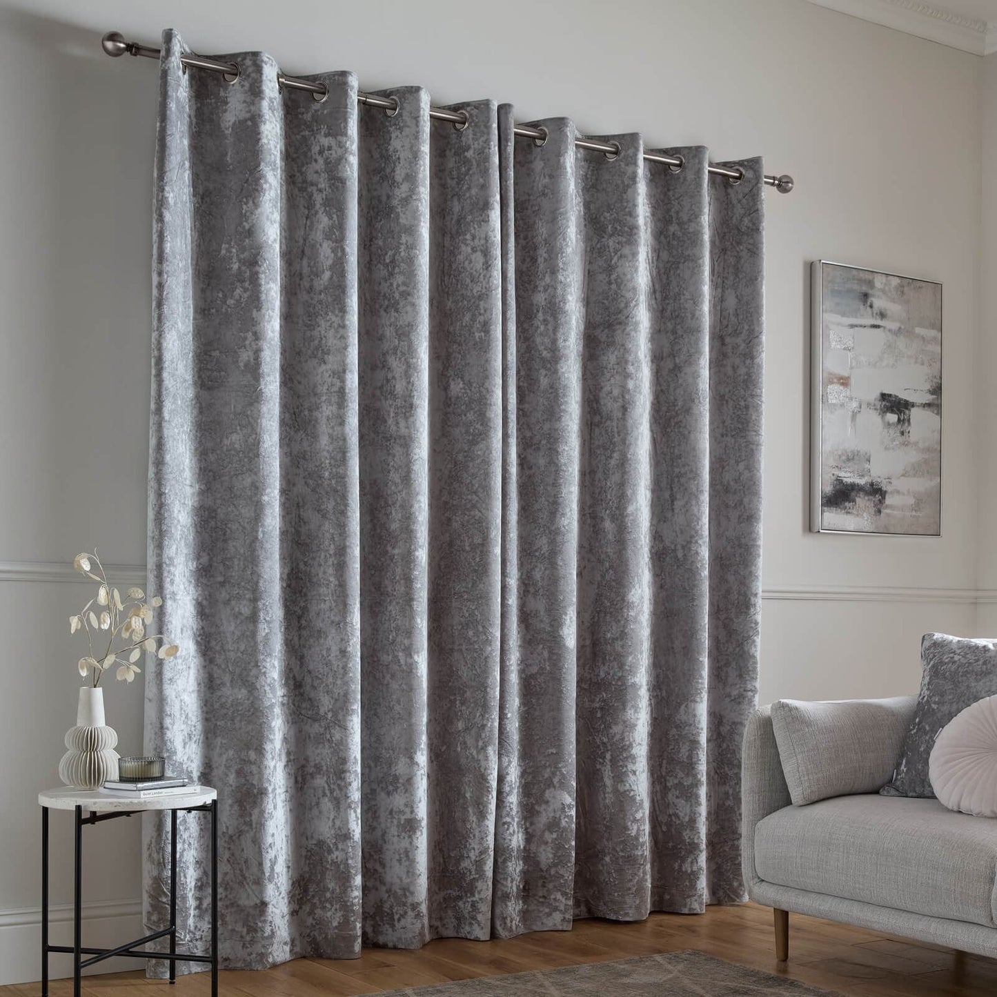 Catherine Lansfield Crushed Velvet Lined Eyelet Curtains Two Panels Silver Grey