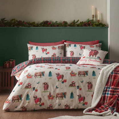 Catherine Lansfield Christmas Highland Cow Reversible Cotton Bedding Duvet Cover Set Natural