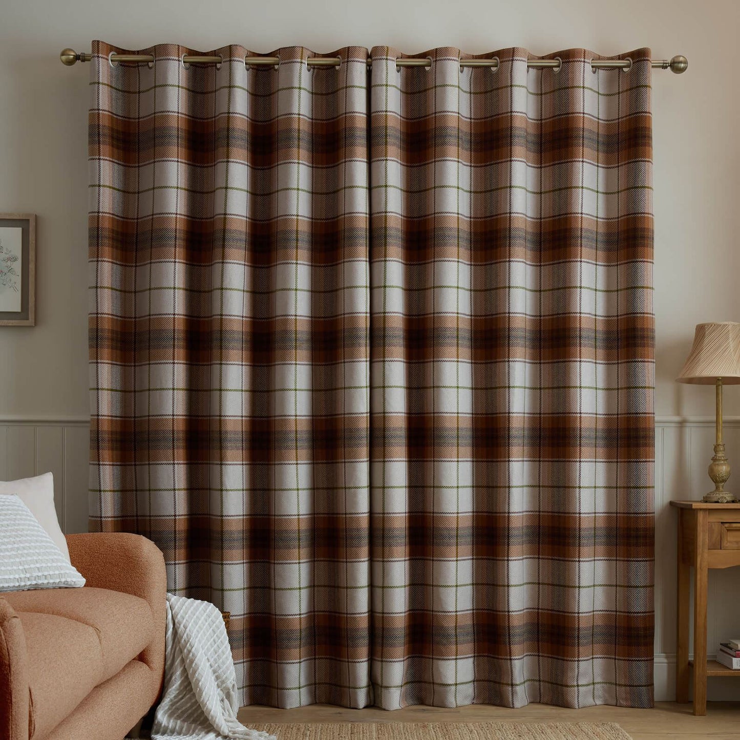 Catherine Lansfield Brushed Woven Glencoe Check Thermal Eyelet Door Panel Terracotta