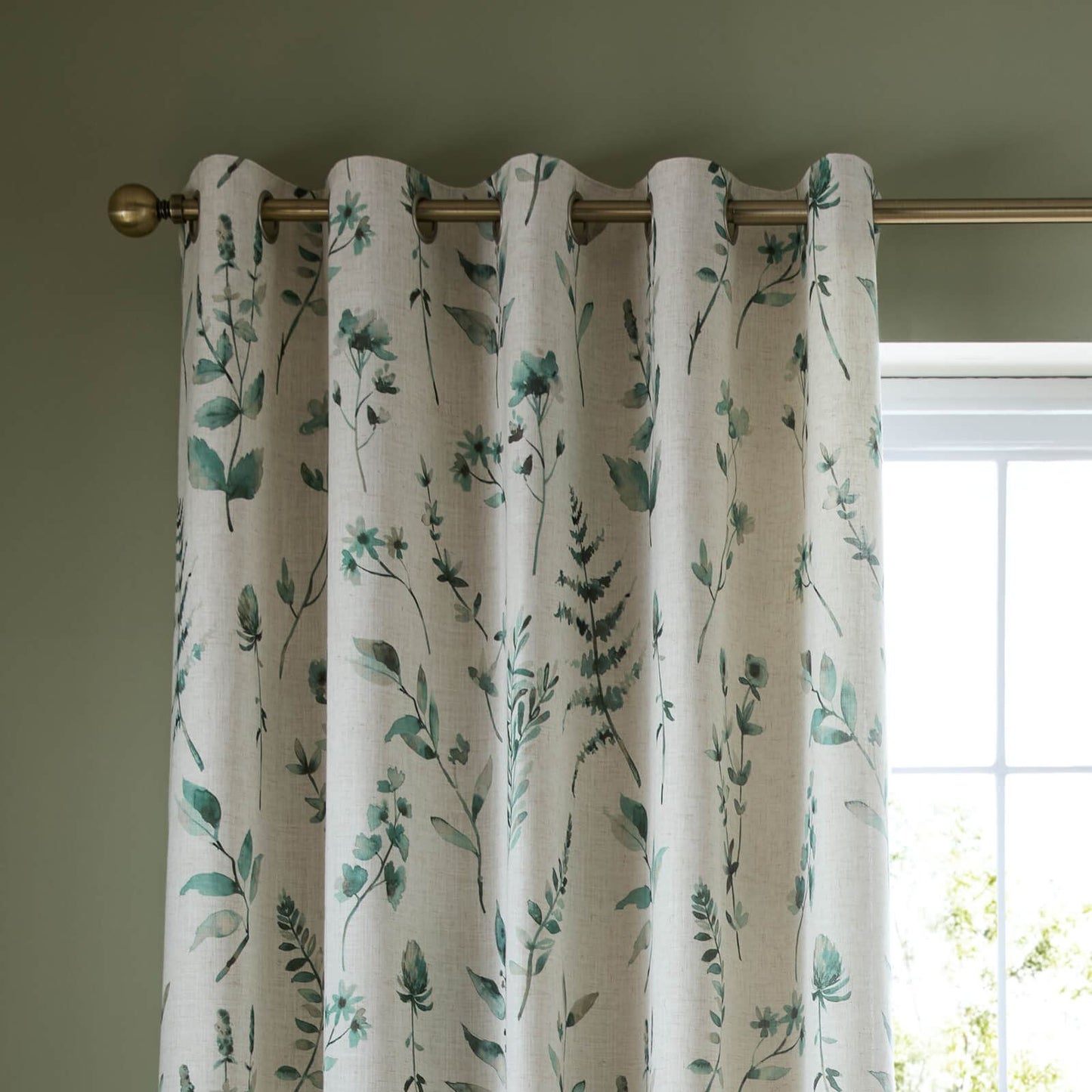 Catherine Lansfield Watercolour Leaves Lined Eyelet Curtains Two Panels Natural / Green