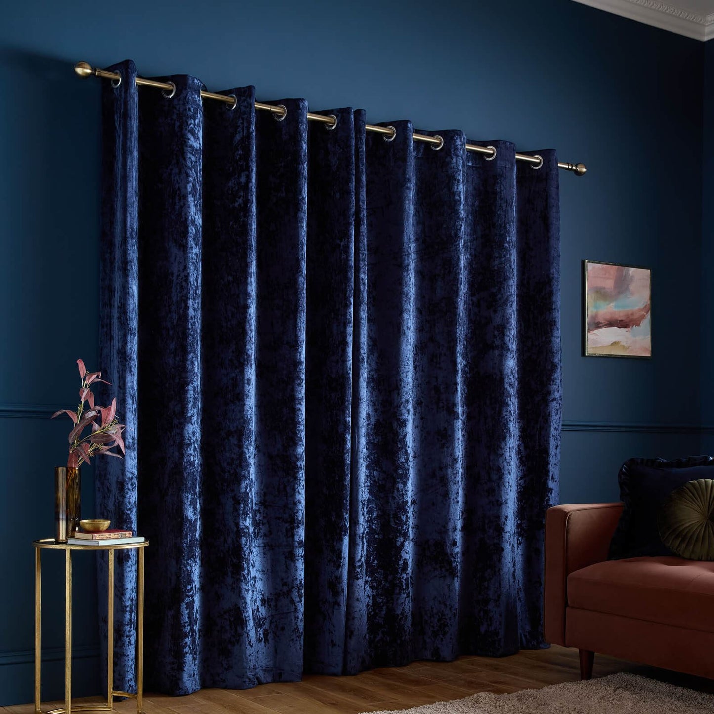 Catherine Lansfield Crushed Velvet Lined Eyelet Curtains Two Panels Navy Blue