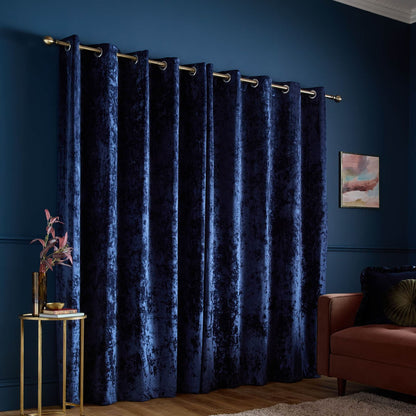 Catherine Lansfield Crushed Velvet Lined Eyelet Curtains Two Panels Navy Blue