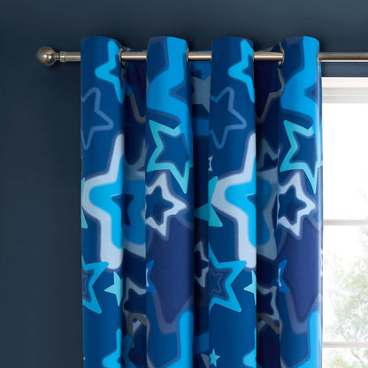 Ombre Stars 66x72 Inch Fully Reversible Eyelet Curtains Two Panels Blue