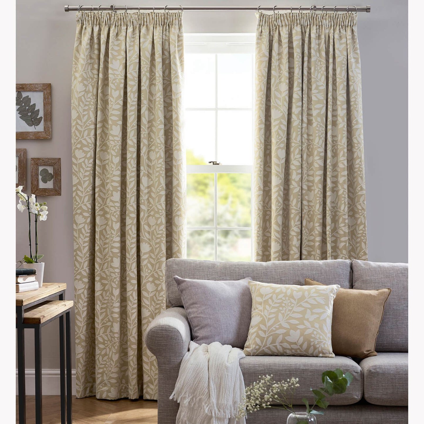 Eleanor Floral Pale Ochre Pencil Pleat Curtains