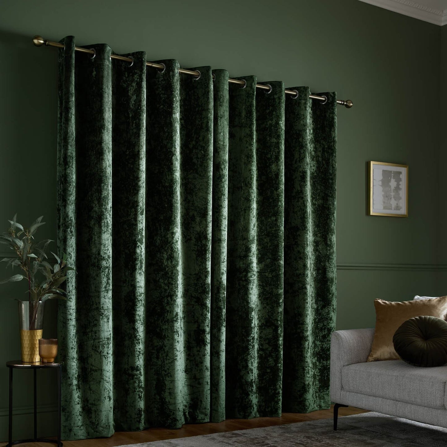 Catherine Lansfield Crushed Velvet Lined Eyelet Curtains Two Panels Olive Green