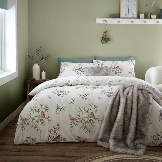 Brushed Mistletoe Robins Cream Duvet Cover Set