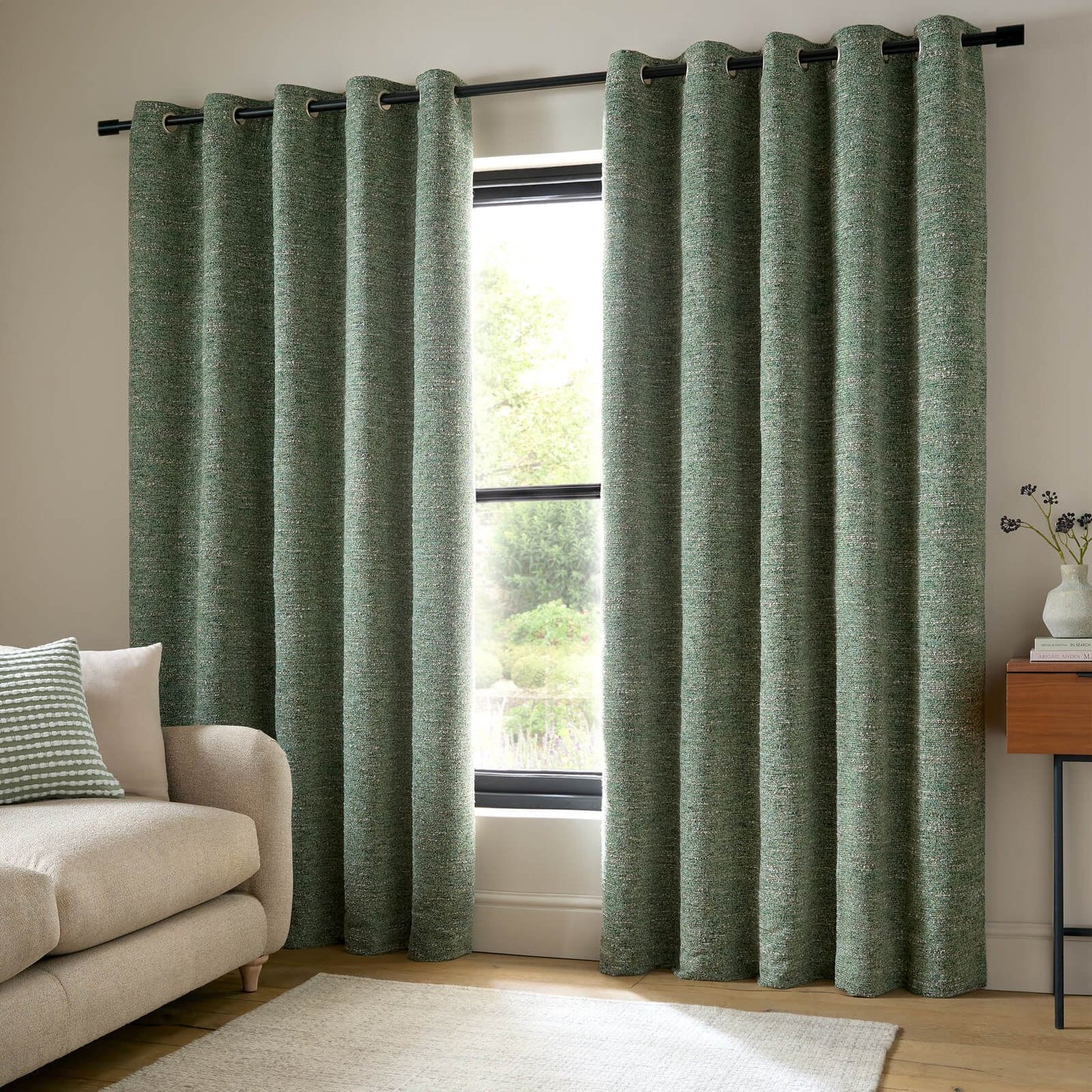 Catherine Lansfield Chunky Boucle Lined Eyelet Curtains Two Panels Green
