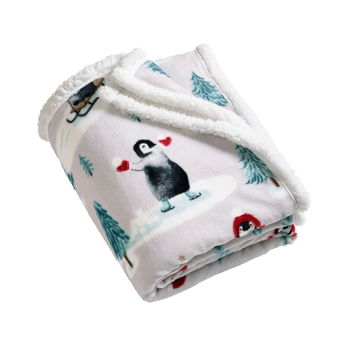 Catherine Lansfield Christmas Sherpa Penguins Cosy Blanket Throw Natural - 130x170cm