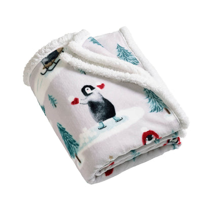 Catherine Lansfield Christmas Sherpa Penguins Cosy Blanket Throw Natural - 130x170cm