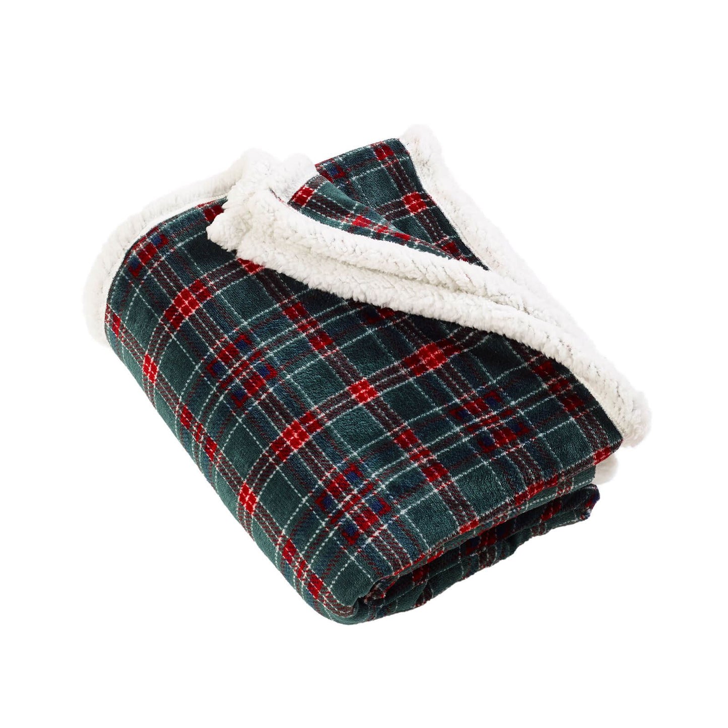 Catherine Lansfield Tartan Sherpa Check Cosy Fleece Blanket Throw Green - 130x170cm