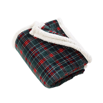 Catherine Lansfield Tartan Sherpa Check Cosy Fleece Blanket Throw Green - 130x170cm