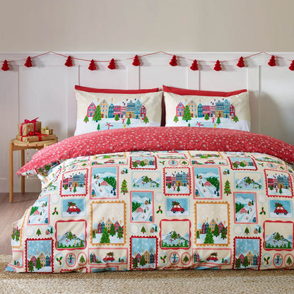 Catherine Lansfield Christmas Town Stamps Reversible Bedding Duvet Cover Set Natural