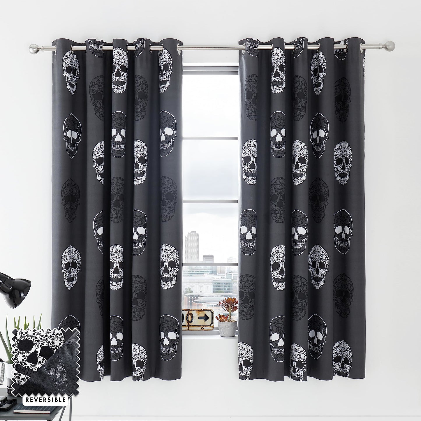 Skulls Grey Eyelet Curtains