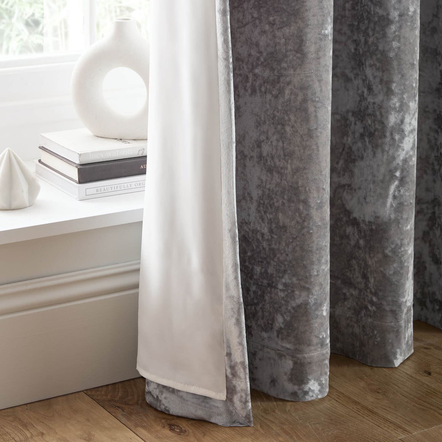 Catherine Lansfield Crushed Velvet Lined Eyelet Curtains Two Panels Silver Grey