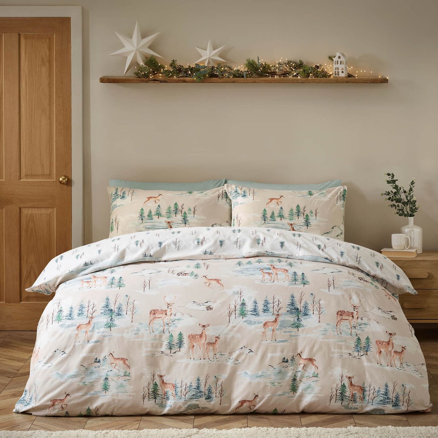 Catherine Lansfield Christmas Deer Print Cotton Bedding Duvet Cover Set Natural
