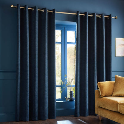 Catherine Lansfield Crinkle Chenille Lined Eyelet Curtains Two Panels Blue