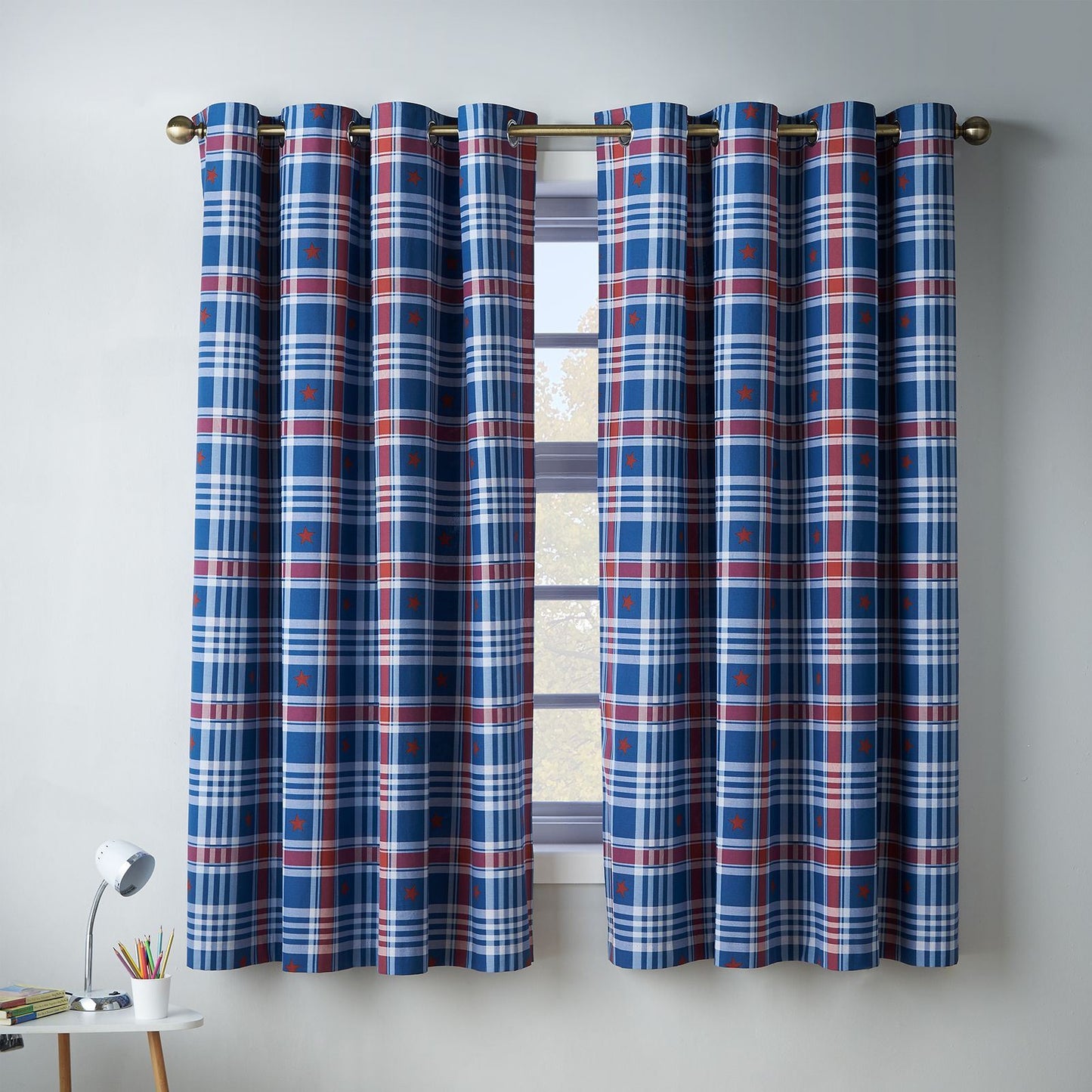 Catherine Lansfield Stars and Check Blue Curtains Two Panels - 66x72 Inch