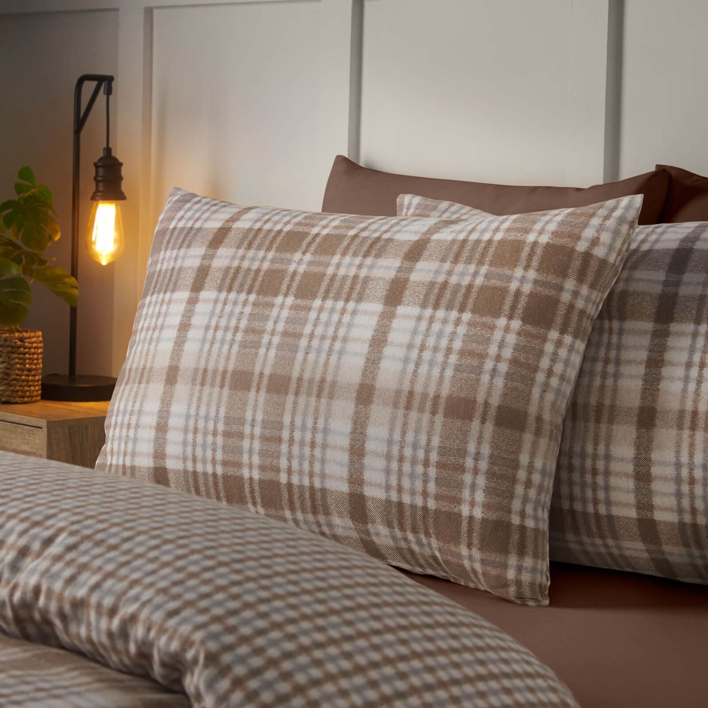 Catherine Lansfield Hamish Checked Cotton Bedding Duvet Cover Set Natural