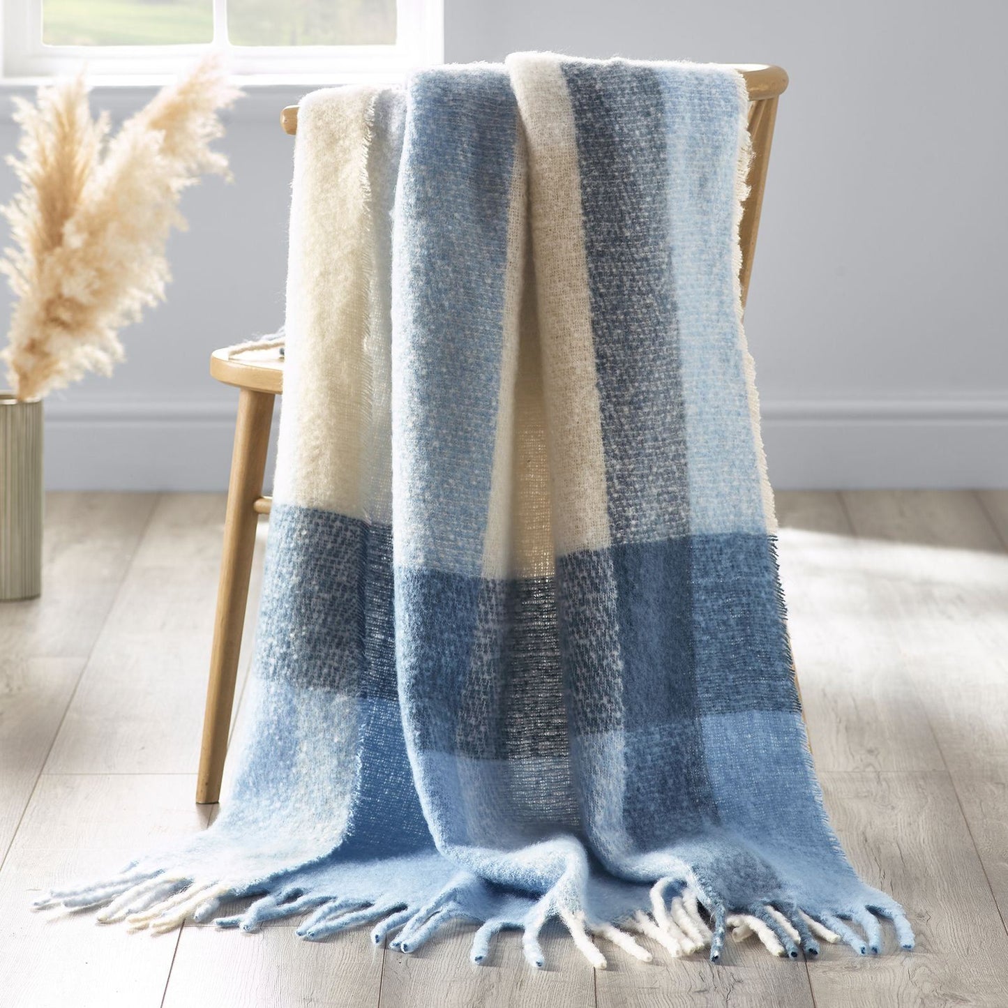 Catherine Lansfield Faux Mohair Check Blue Blanket Throw - 130x170cm