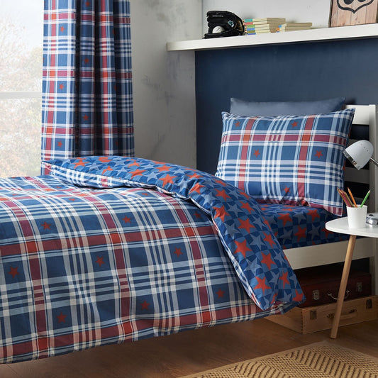 Catherine Lansfield Stars and Check Blue Duvet Cover Set