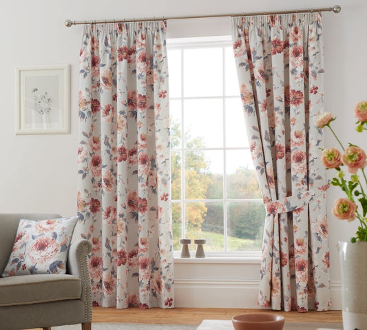 Charity Coral Pencil Pleat Curtains