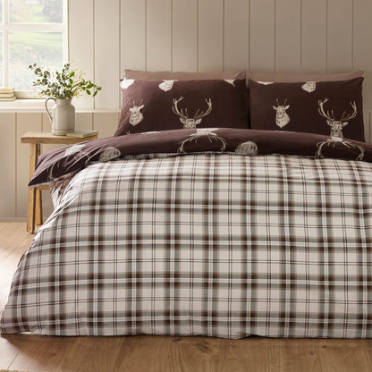 Catherine Lansfield Stag Checked Reversible Bedding Duvet Cover Set Chocolate