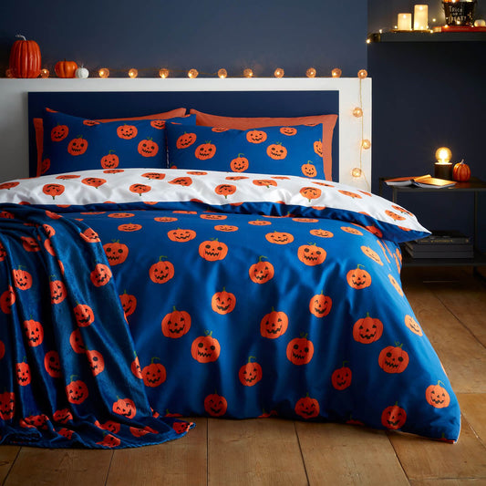 Halloween Pumpkins Navy Duvet Cover Set