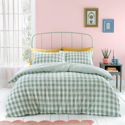 Seersucker Gingham Check Green Duvet Cover Set