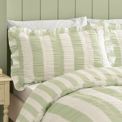 Catherine Lansfield Seersucker Frill Stripe Green Duvet Cover Set