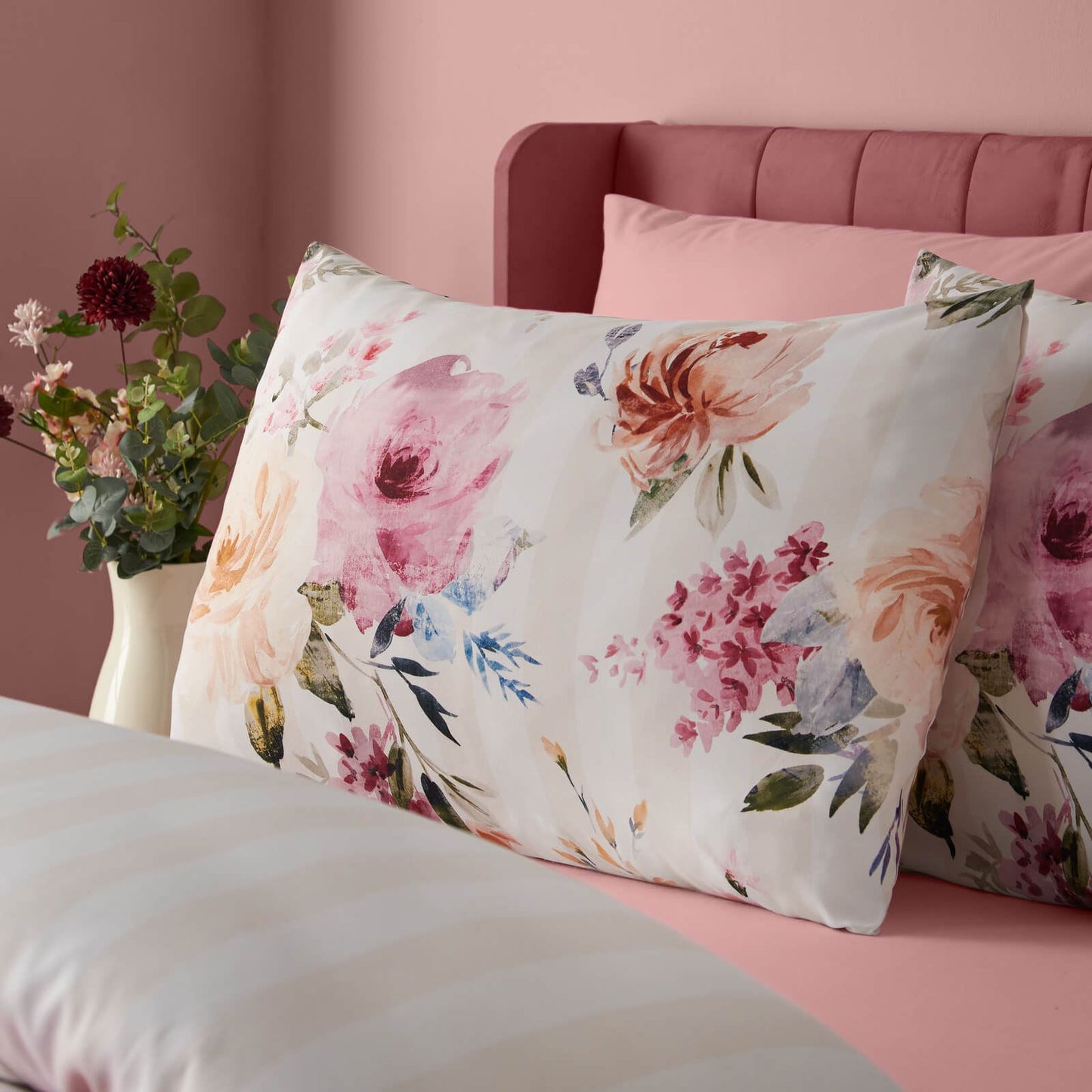 Catherine Lansfield Floral Striped Reversible Bedding Duvet Cover Set Cream