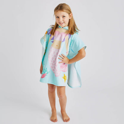 Kids Mermaid Hooded Cotton 60x120cm Towel Poncho Aqua Blue