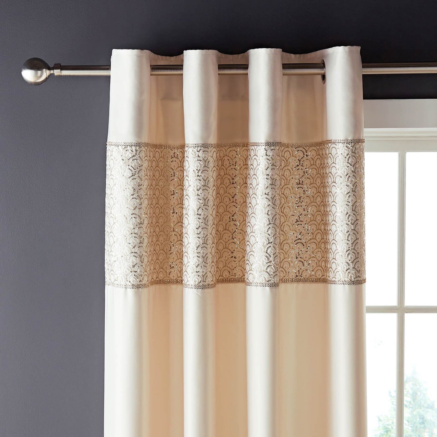 Deco Sequin Lined Eyelet Curtains Two Panels Champagne Gold