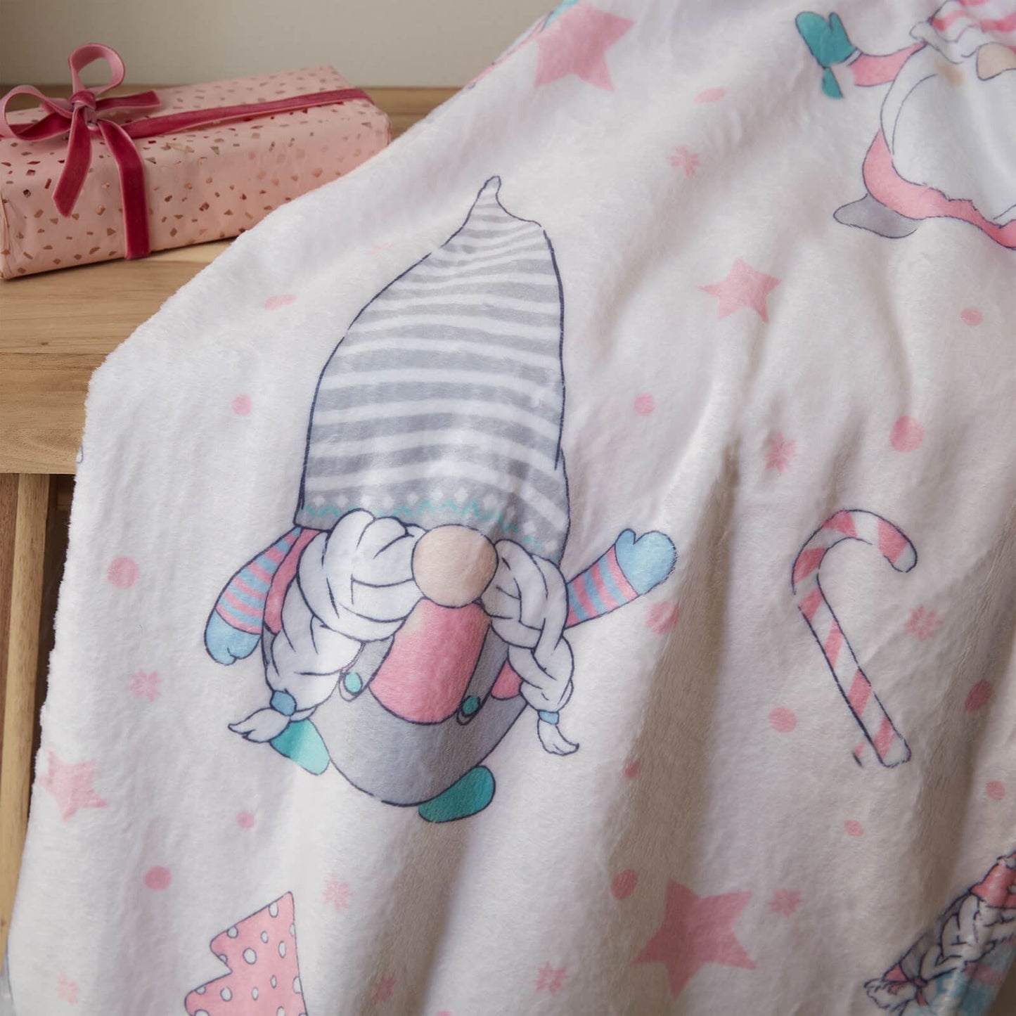 Christmas Festive Gnomes Cosy Fleece Blanket Throw Pink