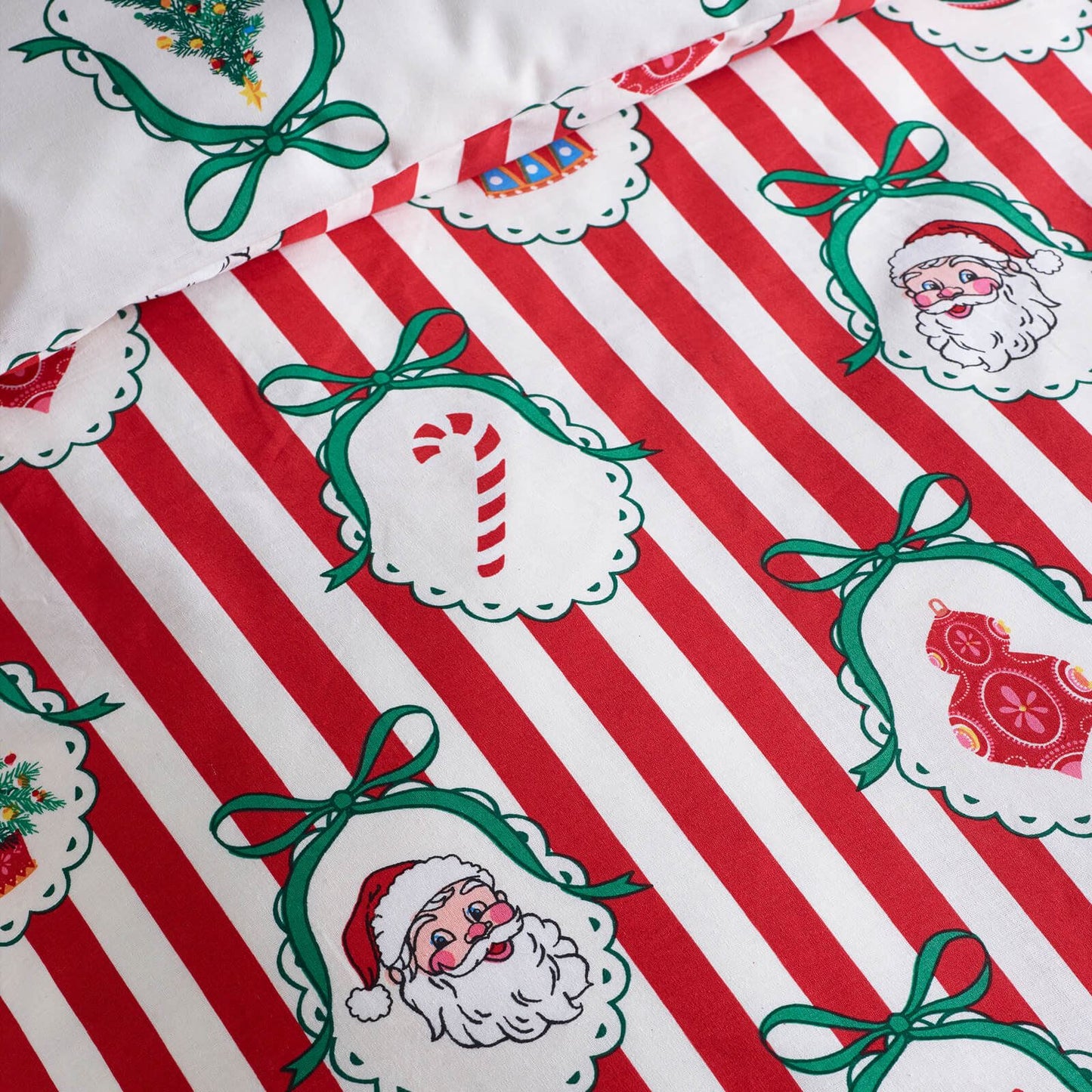 Catherine Lansfield Christmas Vintage Striped Reversible Cotton Bedding Duvet Cover Set Red