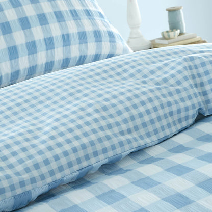 Seersucker Gingham Check Blue Duvet Cover Set