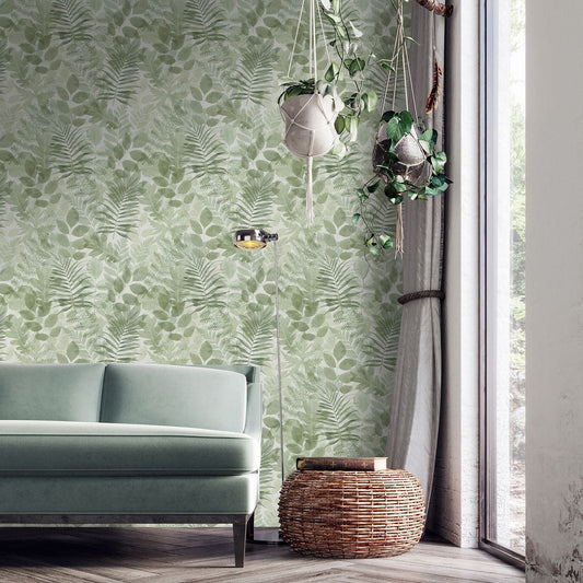 Catherine Lansfield Leaves Green Wallpaper - 105x53cm