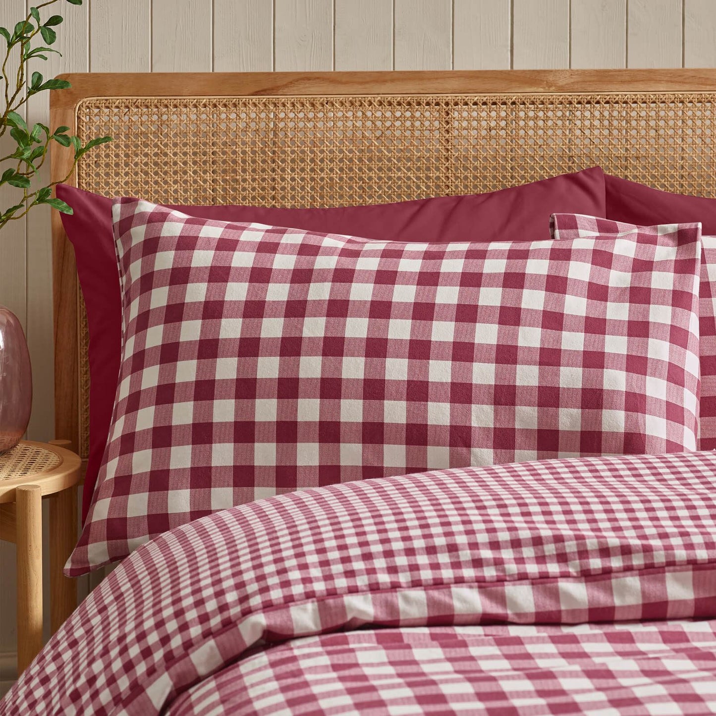 Catherine Lansfield Gingham Checked Cotton Bedding Duvet Cover Set Burgundy