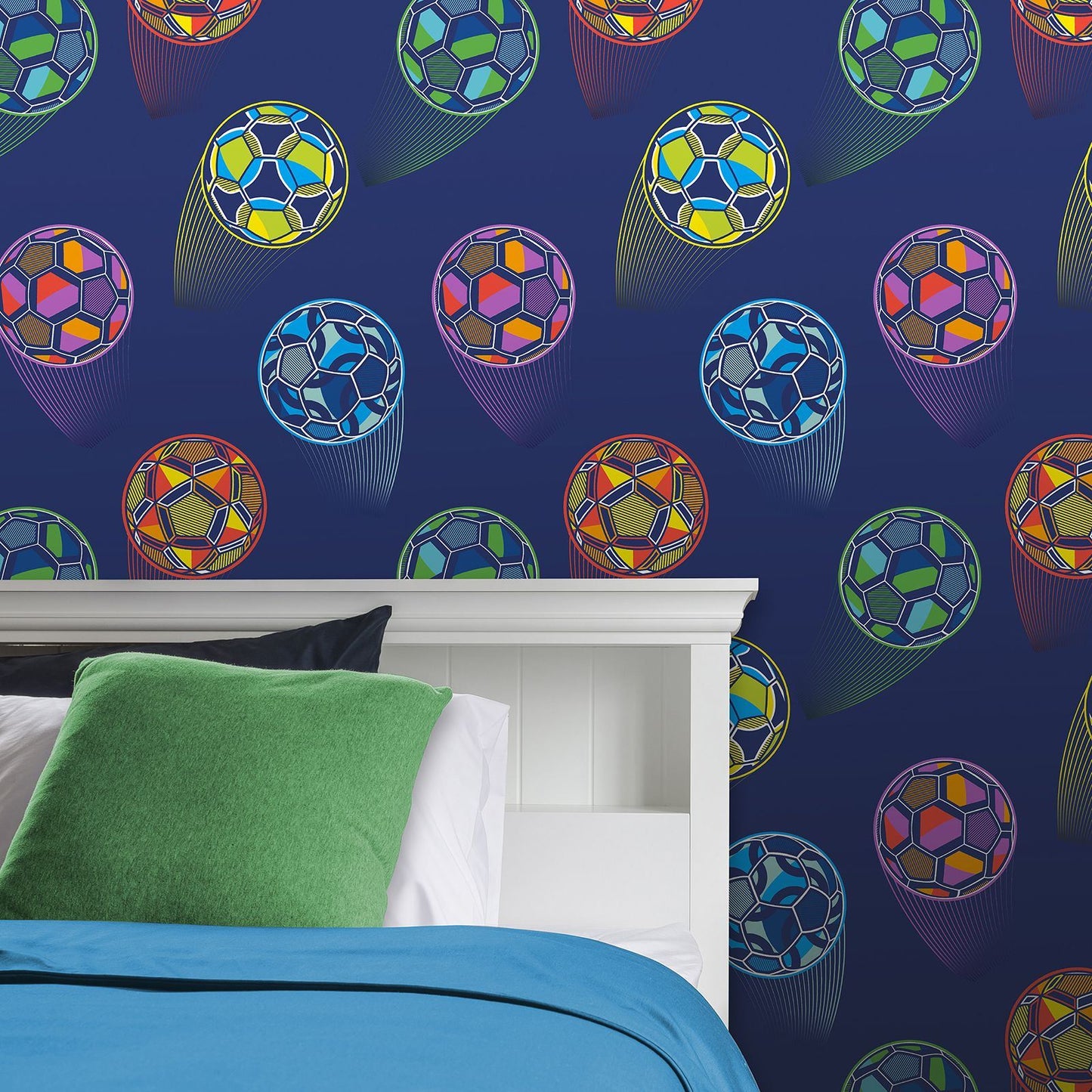 Catherine Lansfield Bright Football Navy Blue Wallpaper - 105x53cm
