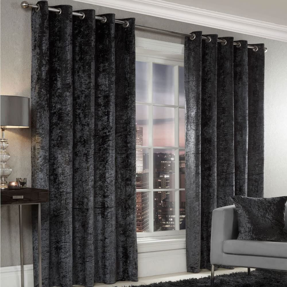 Crushed Velvet Charcoal Eyelet Curtains