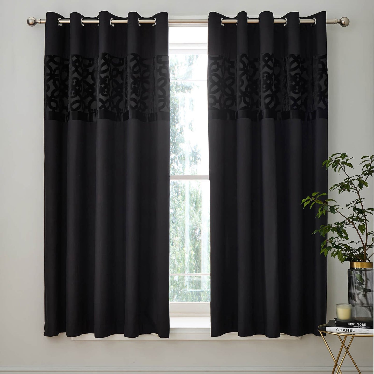 Lattice Cut Velvet Lined Eyelet Curtains Two Panels Black