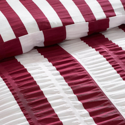 Catherine Lansfield Seersucker Frill Striped Bedding Duvet Cover Set Plum
