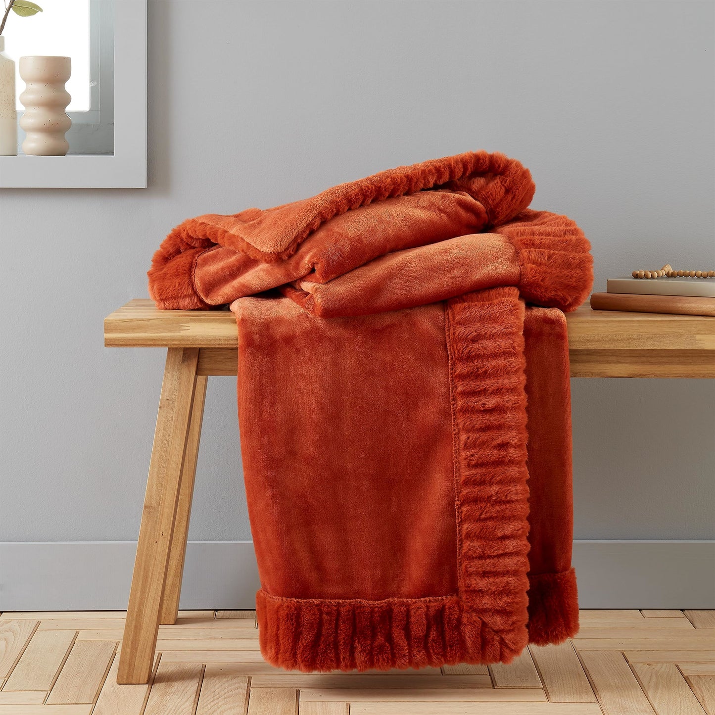 Velvet and Faux Fur Burnt Orange Throw